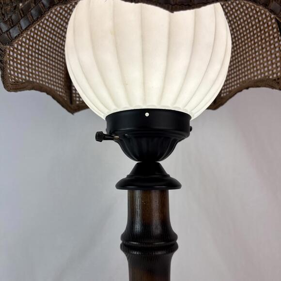 Vintage 70's Tropical BAMBOO LAMP Wicker Shade White Glass Globe Boho Chic - Picture 9 of 15